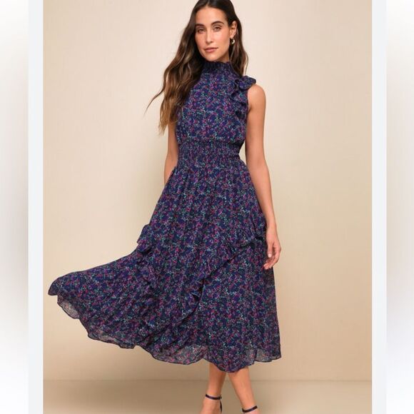 Lulus Evalina Navy Blue Floral Print Mock Neck Midi Dress XS - Picture 1 of 8